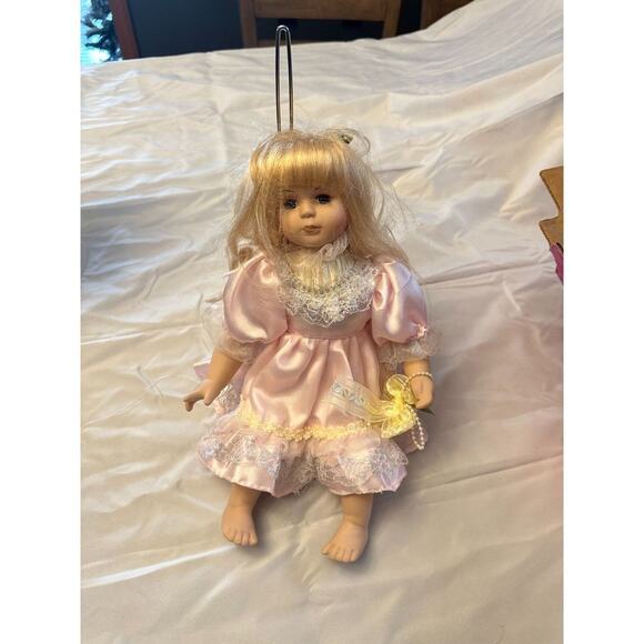 Porcelain Doll Pink Dress Blonde Hair Collectible Keepsake Ornament - Picture 2 of 2